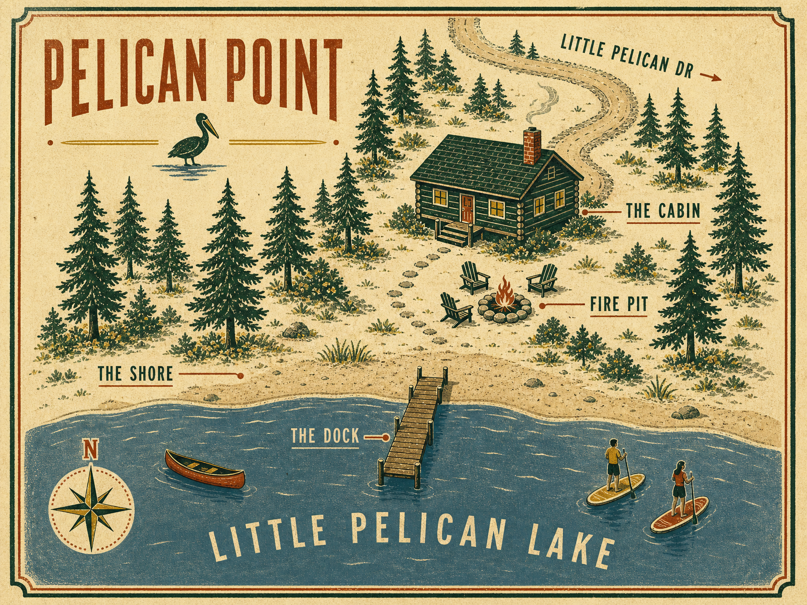 Illustrated vintage map of the Pelican Point property showing the cabin, drive, fire pit, shore, dock, and Little Pelican Lake