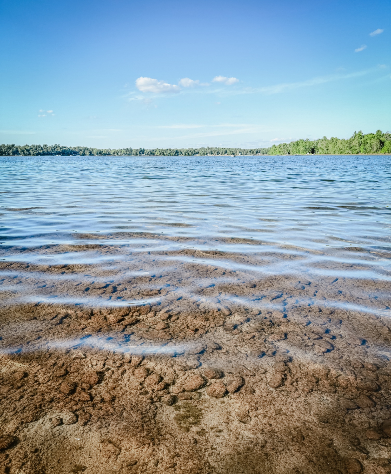 Clear shallow water lapping over the sandy lake bottom on a calm summer day
